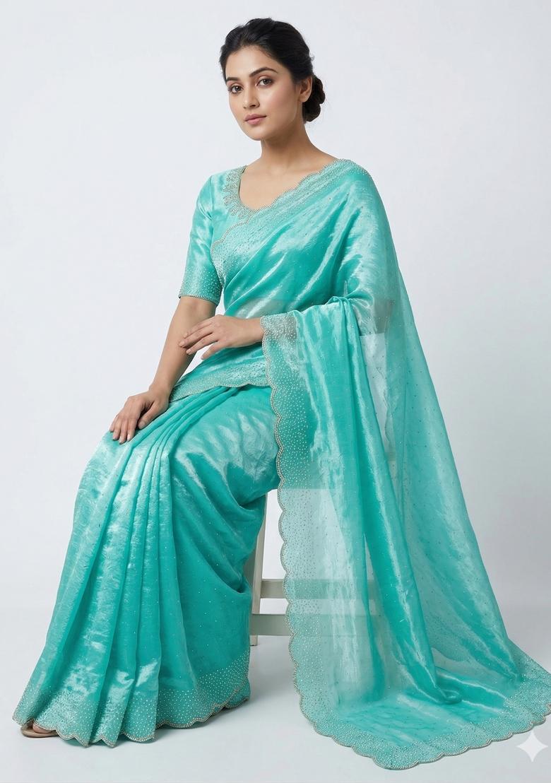 Sky Blue Zarkan Diamond Work Silk Saree Set - Indya