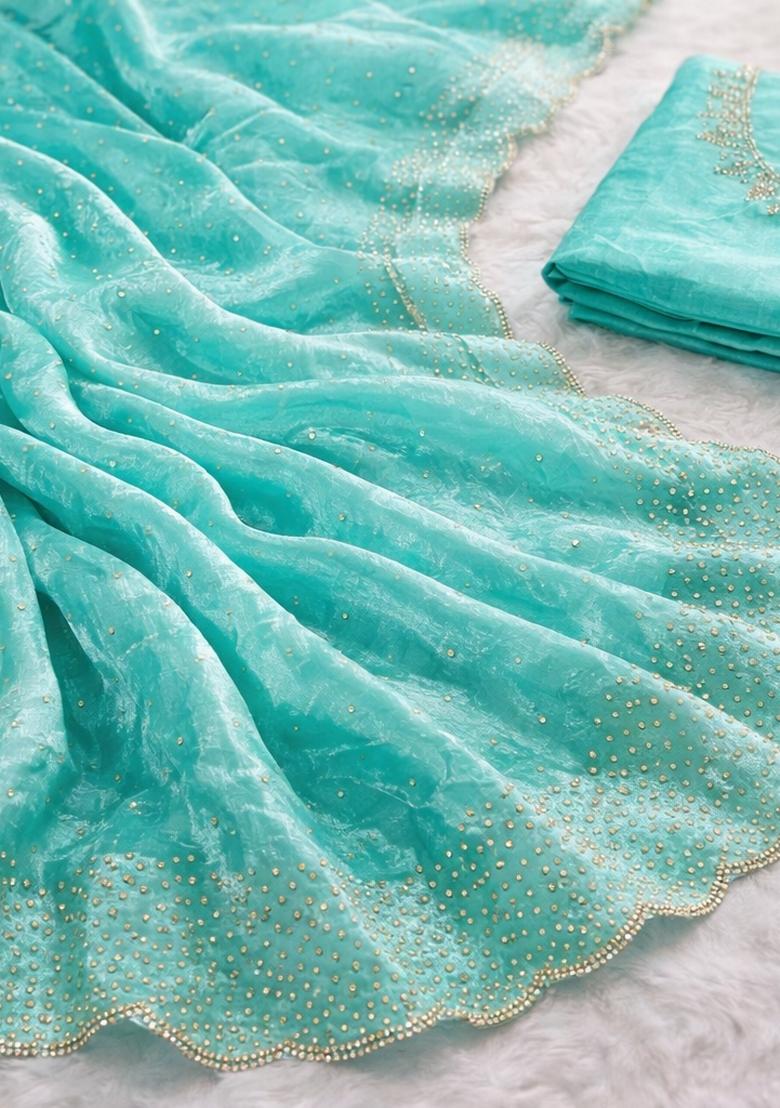 Sky Blue Zarkan Diamond Work Silk Saree Set - Indya