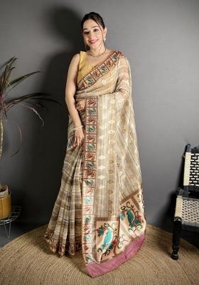 Beige Floral Print Cotton Saree Set