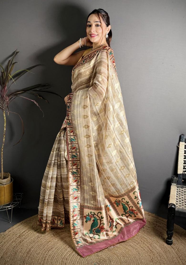 Beige Floral Print Cotton Saree Set - Indya