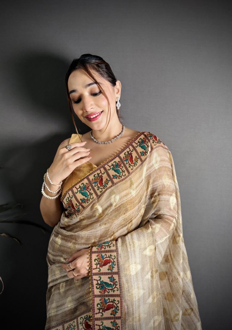 Beige Floral Print Cotton Saree Set - Indya