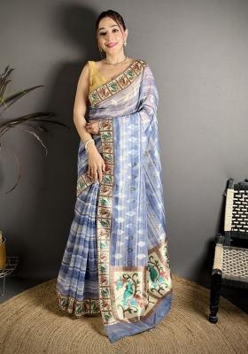 Blue Floral Print Cotton Saree Set