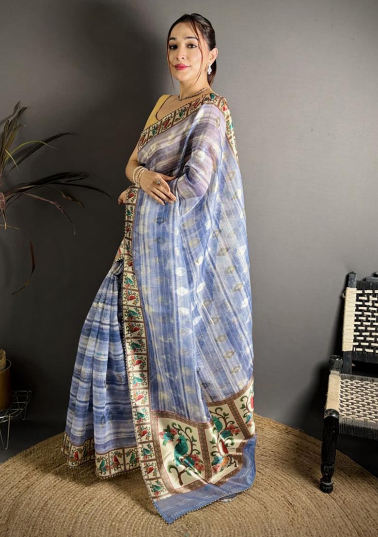 Blue Floral Print Cotton Saree Set - Indya