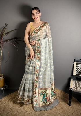 Grey Floral Print Cotton Saree Set