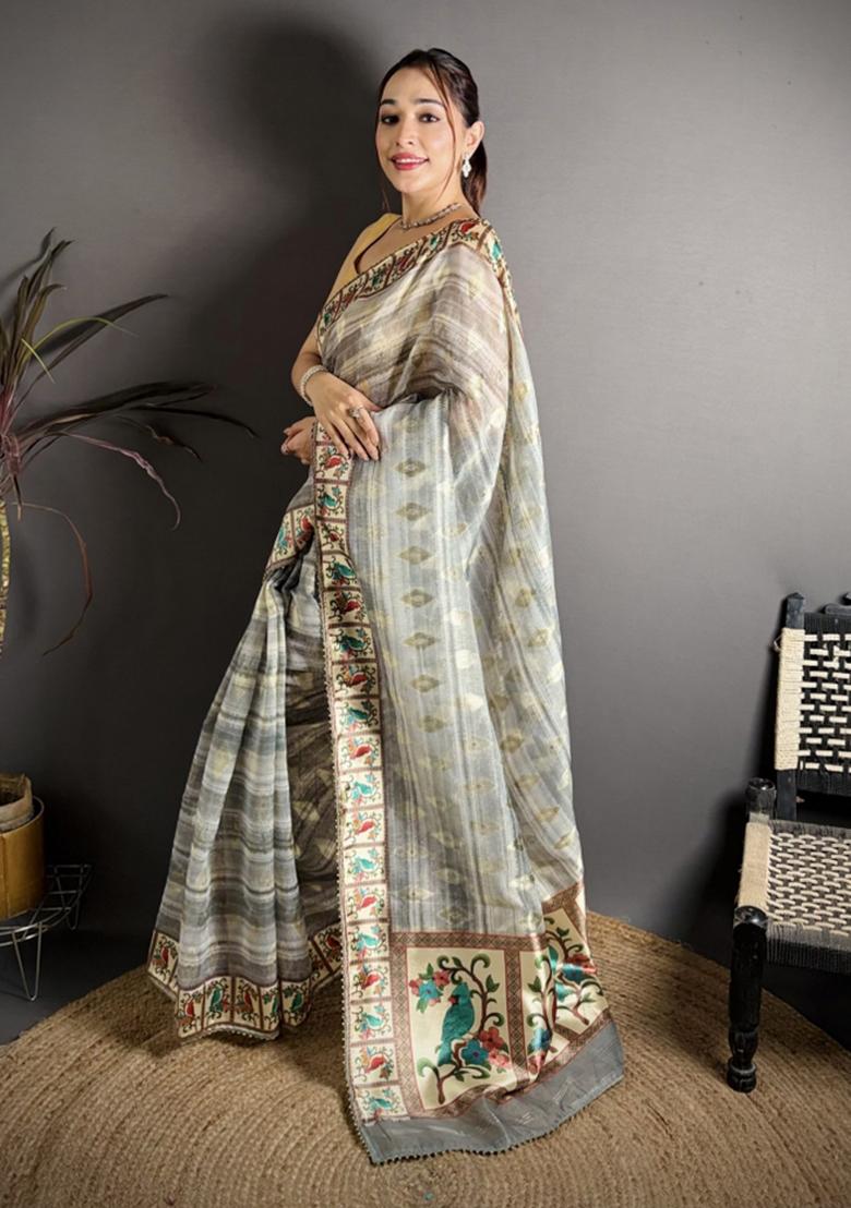 Grey Floral Print Cotton Saree Set - Indya