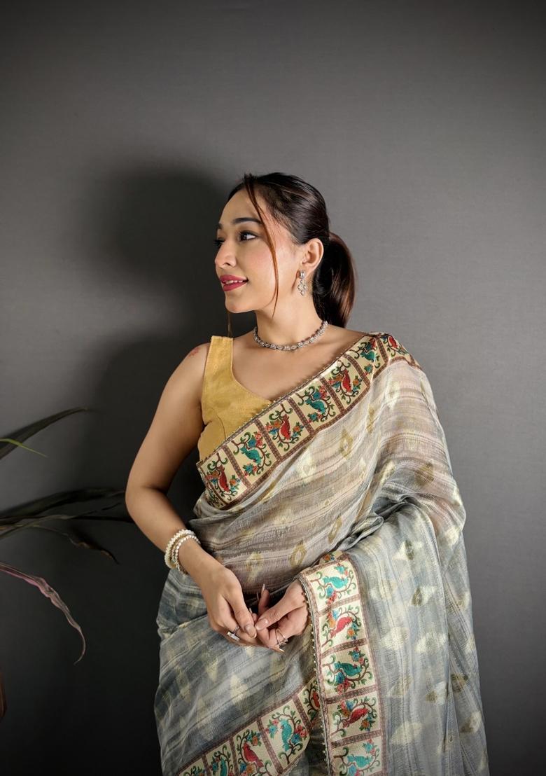 Grey Floral Print Cotton Saree Set - Indya
