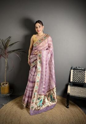 Lavender Floral Print Cotton Saree Set
