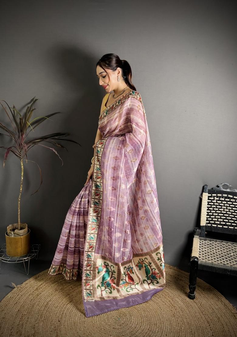 Lavender Floral Print Cotton Saree Set - Indya