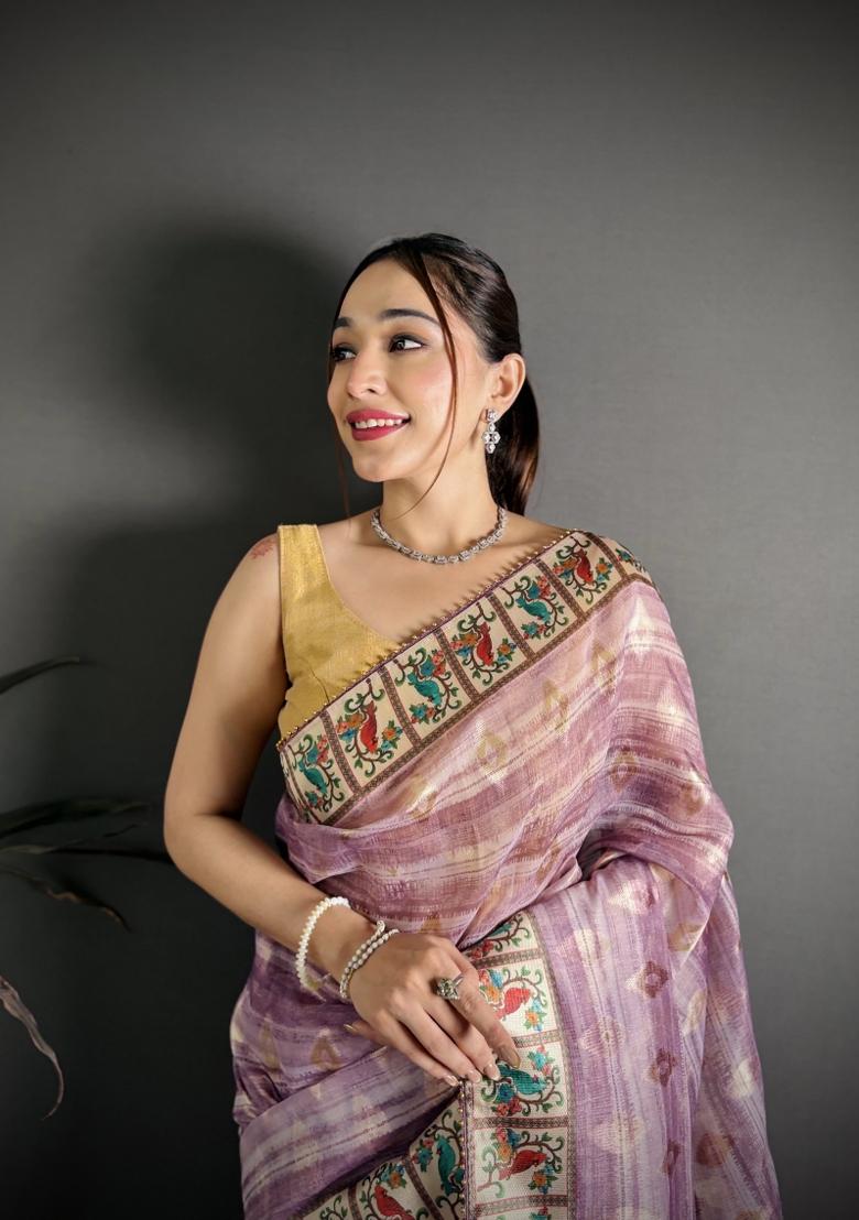 Lavender Floral Print Cotton Saree Set - Indya