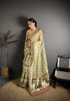 Light Pista Floral Print Cotton Saree Set