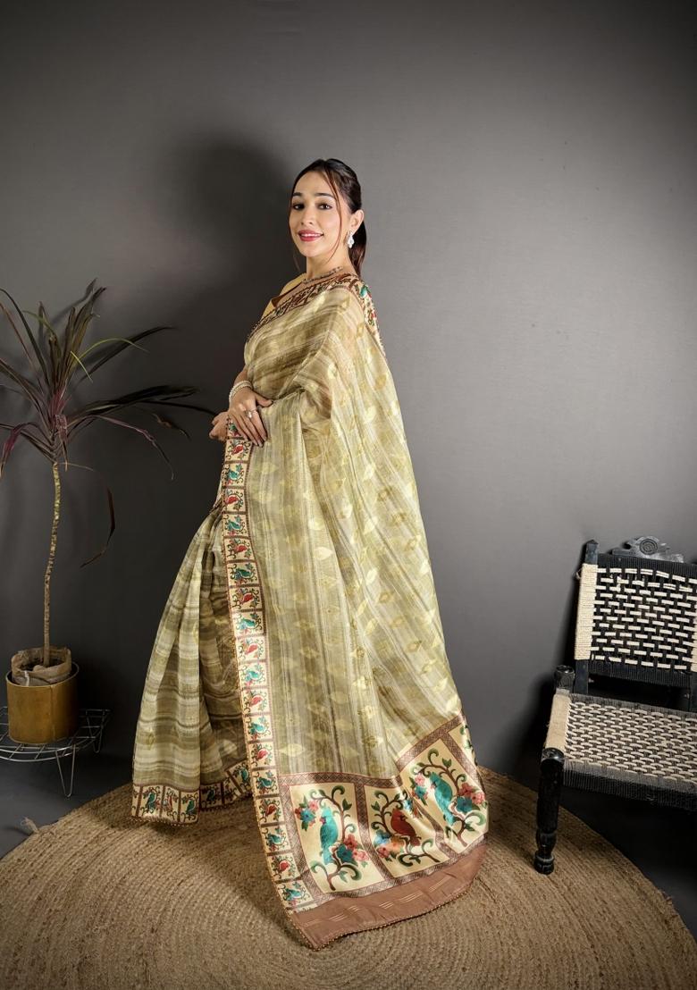 Light Pista Floral Print Cotton Saree Set - Indya