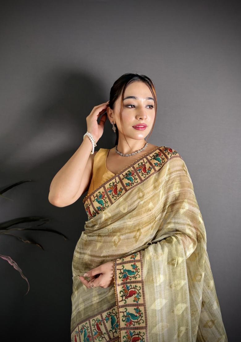 Light Pista Floral Print Cotton Saree Set - Indya