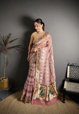 Pink Floral Print Cotton Saree Set