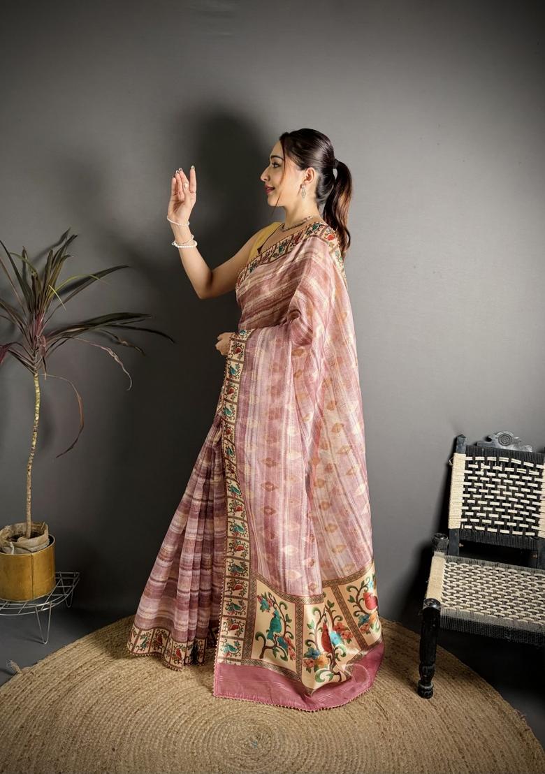 Pink Floral Print Cotton Saree Set - Indya