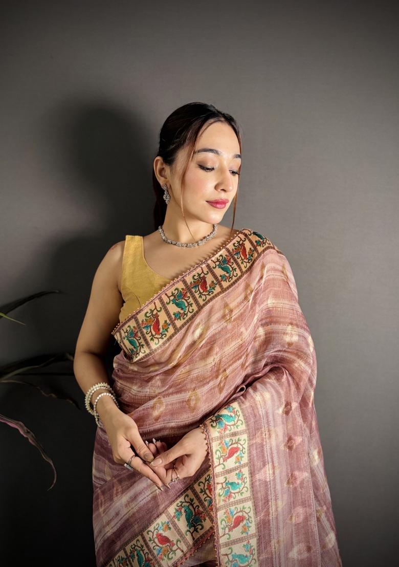 Pink Floral Print Cotton Saree Set - Indya