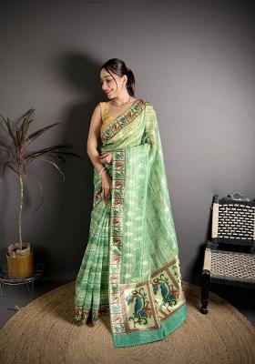 Sea Green Floral Print Cotton Saree Set