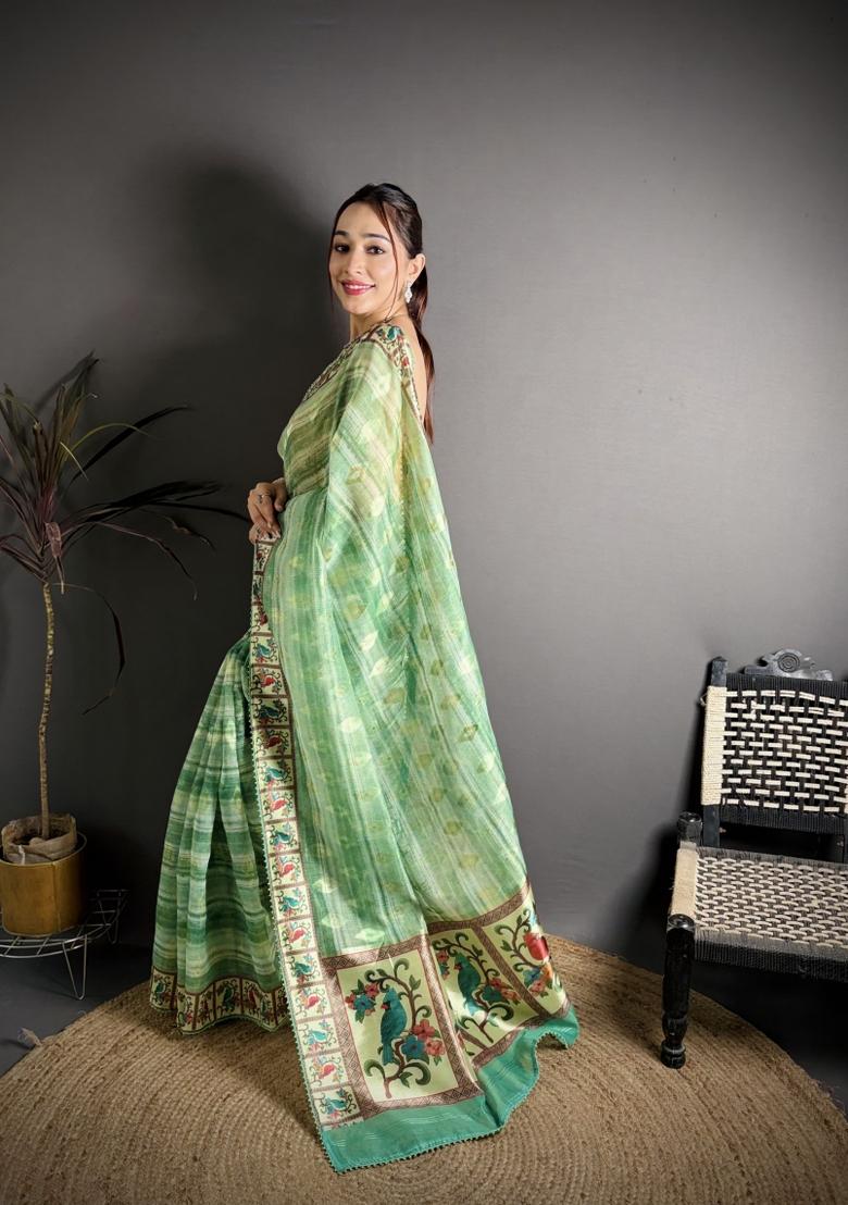Sea Green Floral Print Cotton Saree Set - Indya
