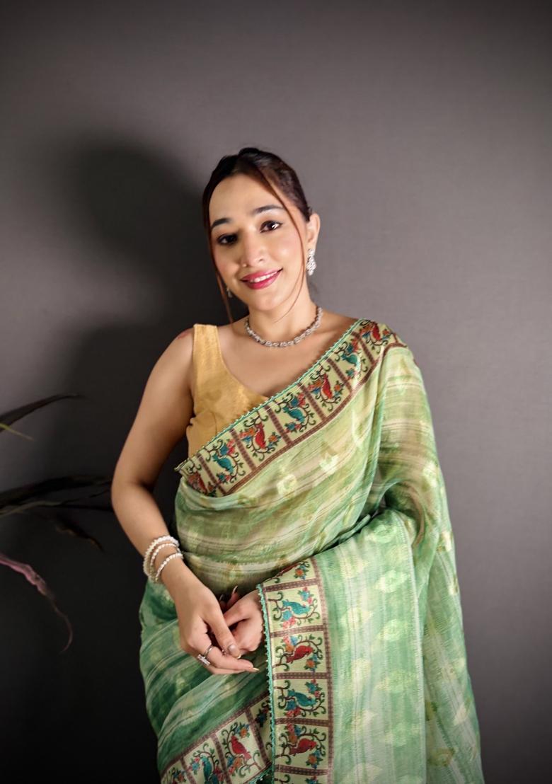 Sea Green Floral Print Cotton Saree Set - Indya