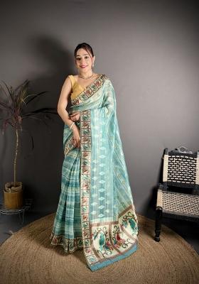 Sky Blue Floral Print Cotton Saree Set