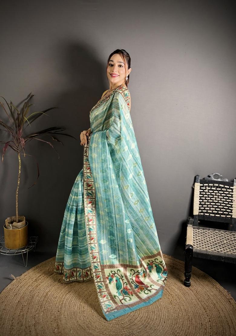 Sky Blue Floral Print Cotton Saree Set - Indya