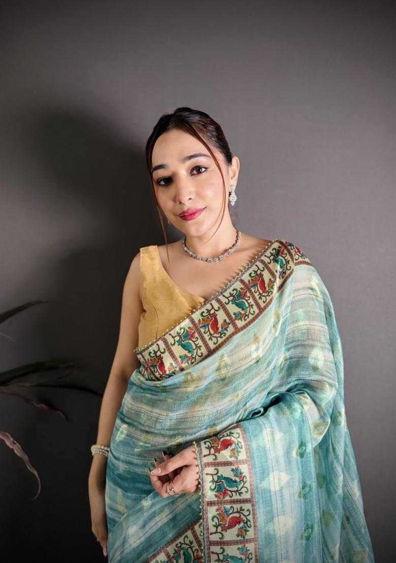 Sky Blue Floral Print Cotton Saree Set - Indya