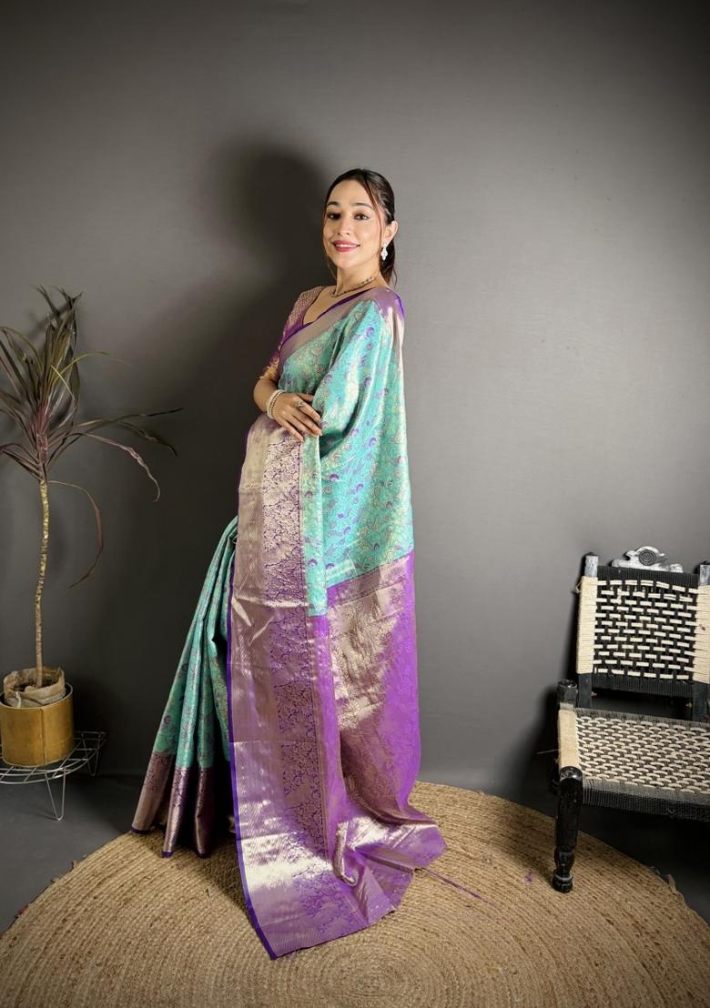 Blue Jacquard Silk Saree Set - Indya