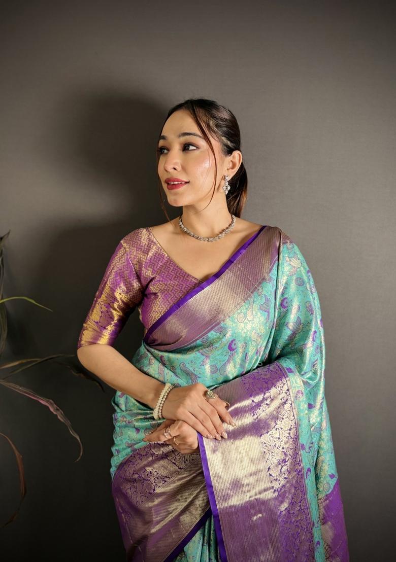 Blue Jacquard Silk Saree Set - Indya