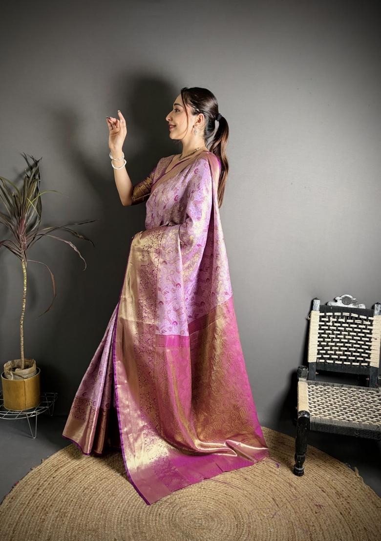 Lavender Jacquard Silk Saree Set - Indya