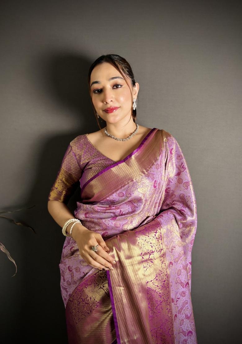 Lavender Jacquard Silk Saree Set - Indya