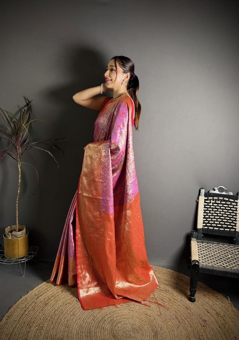 Light Purple Jacquard Silk Saree Set - Indya