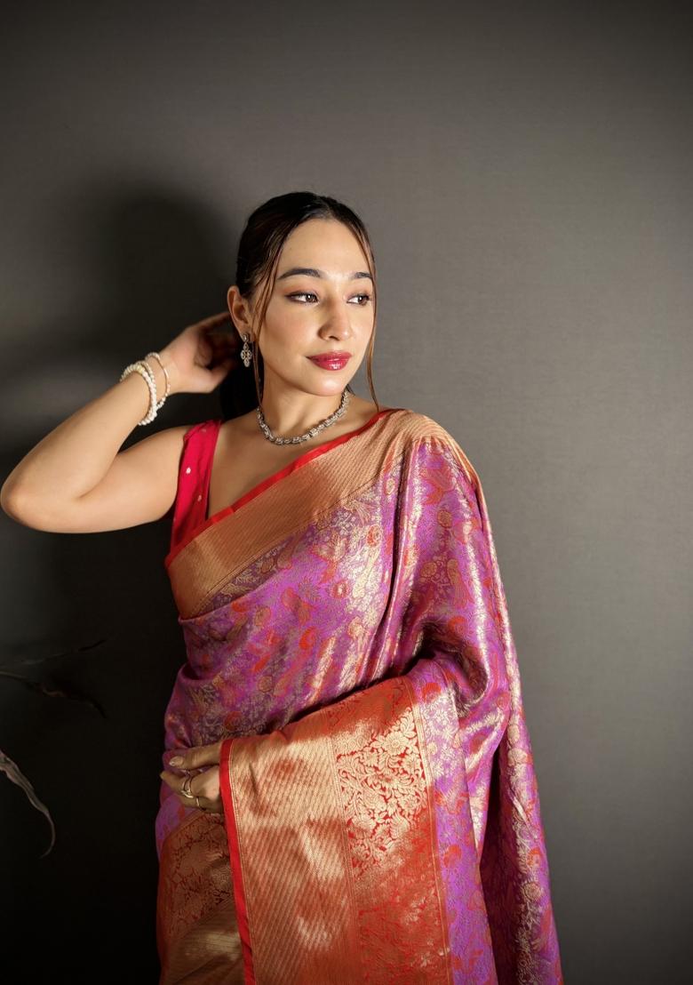 Light Purple Jacquard Silk Saree Set - Indya