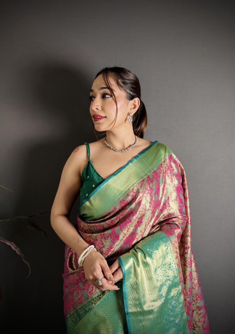 Magenta Jacquard Silk Saree Set - Indya