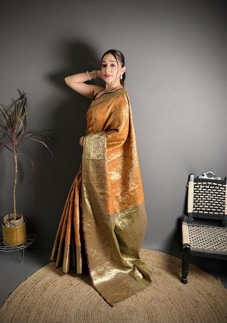 Mustard Jacquard Silk Saree Set - Indya
