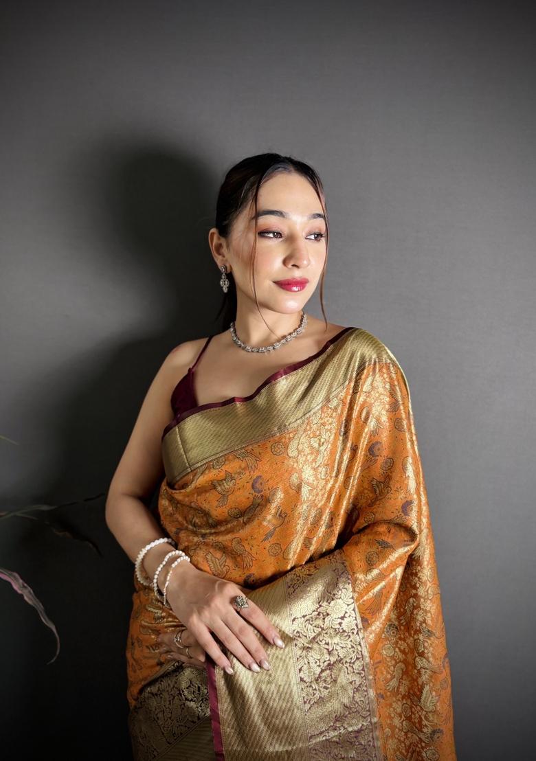 Mustard Jacquard Silk Saree Set - Indya