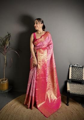 Pink Jacquard Silk Saree Set