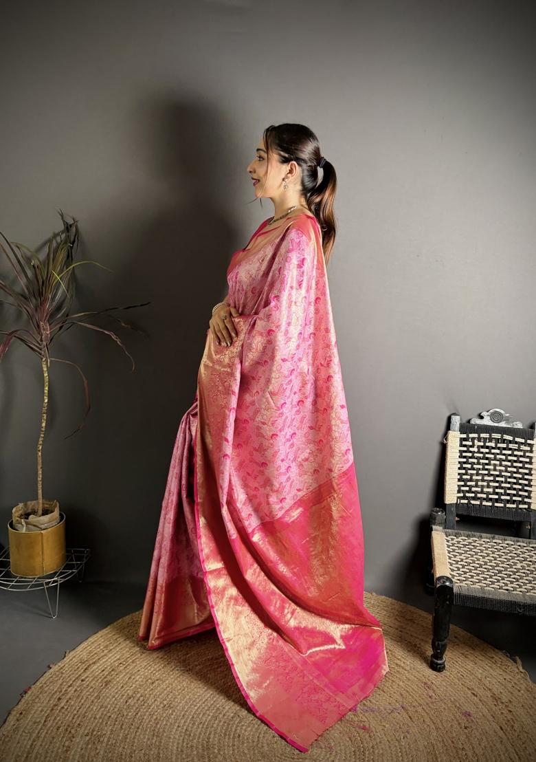 Pink Jacquard Silk Saree Set - Indya