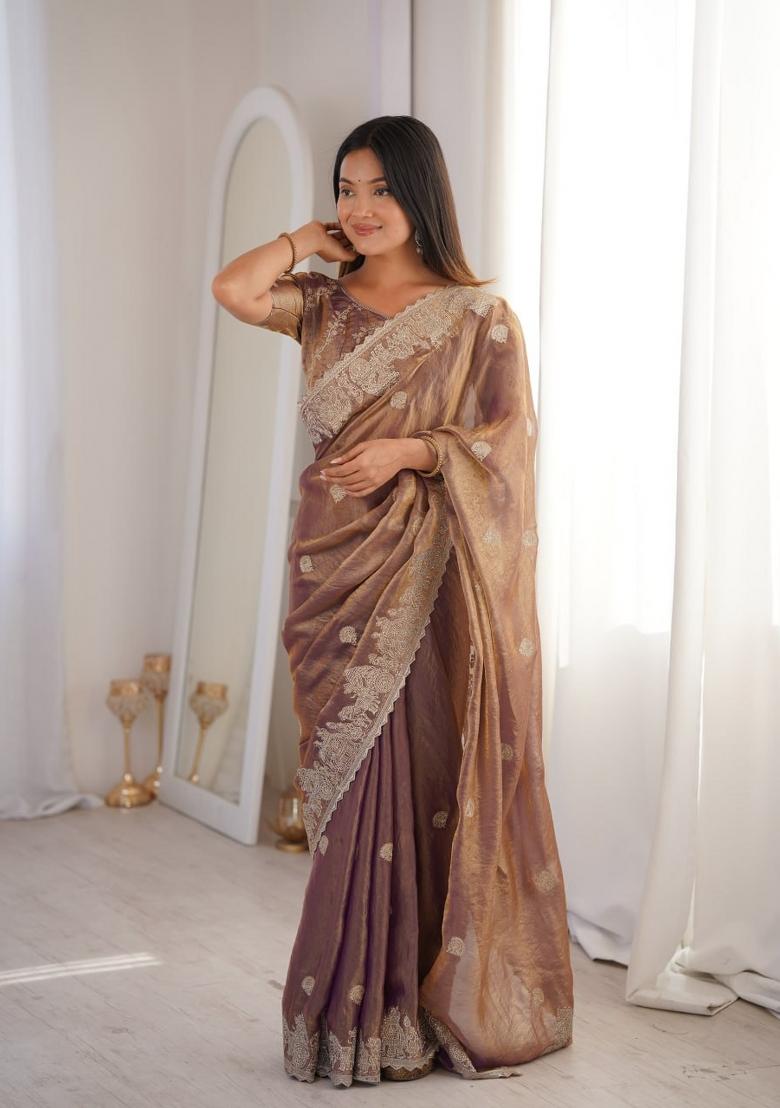 Onion Pink Embroidered Silk Saree Set - Indya