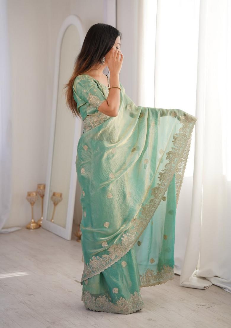 Sky Blue Embroidered Silk Saree Set - Indya