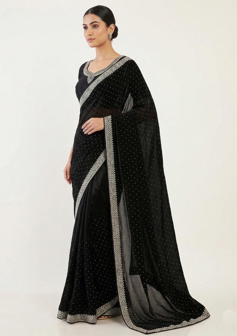 Black Zarkan Diamond Work Silk Saree Set - Indya