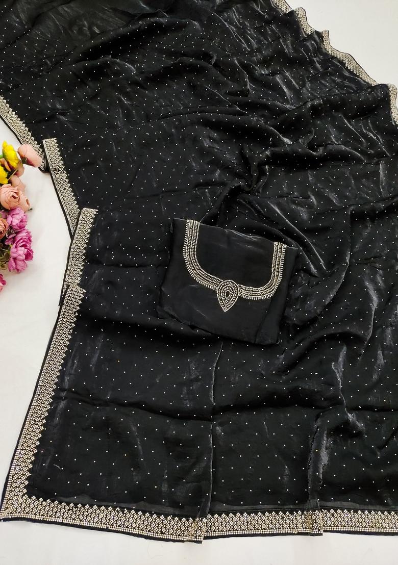 Black Zarkan Diamond Work Silk Saree Set - Indya