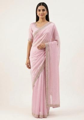 Pink Zarkan Diamond Work Silk Saree Set