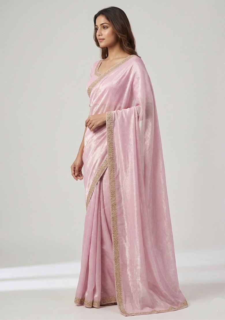Pink Zarkan Diamond Work Silk Saree Set - Indya