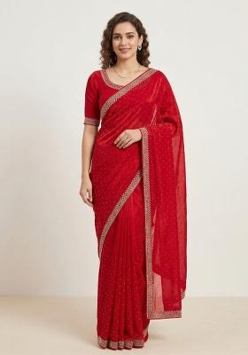 Red Zarkan Diamond Work Silk Saree Set
