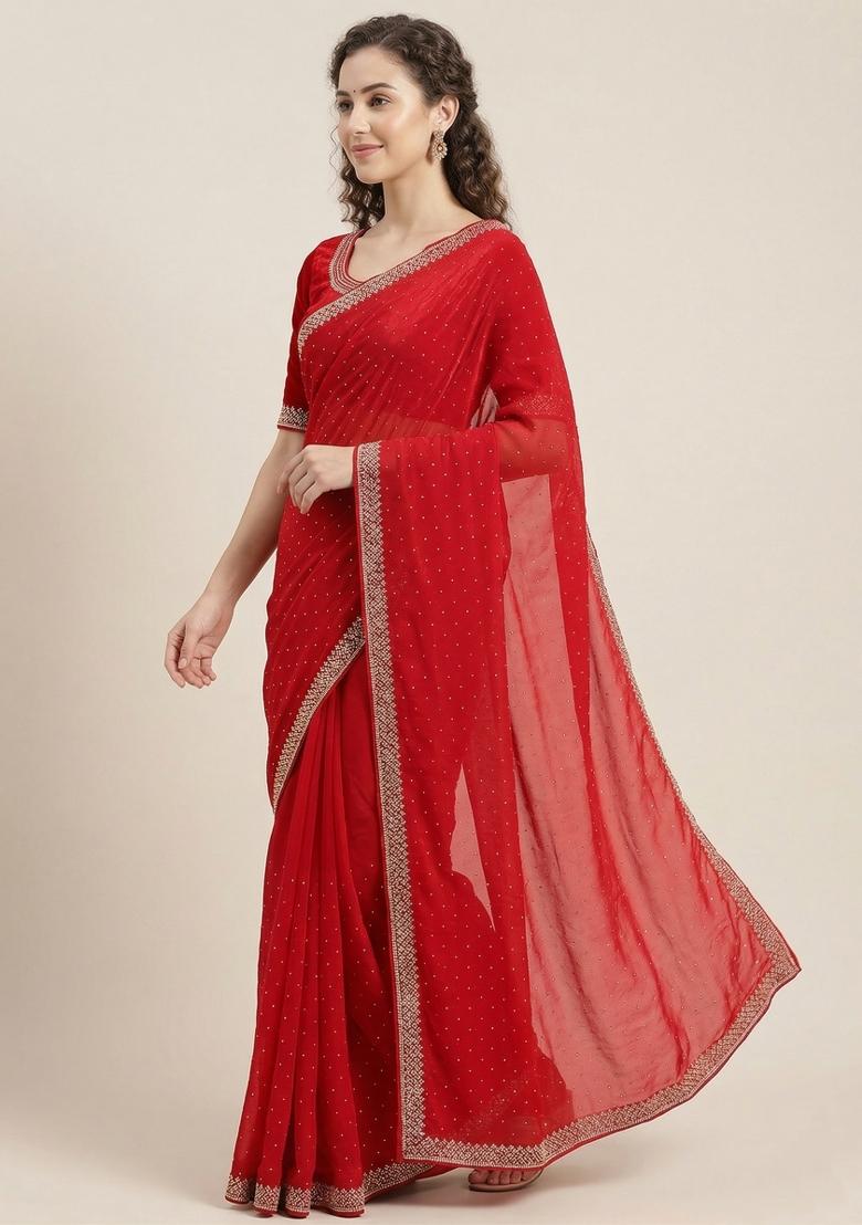 Red Zarkan Diamond Work Silk Saree Set - Indya
