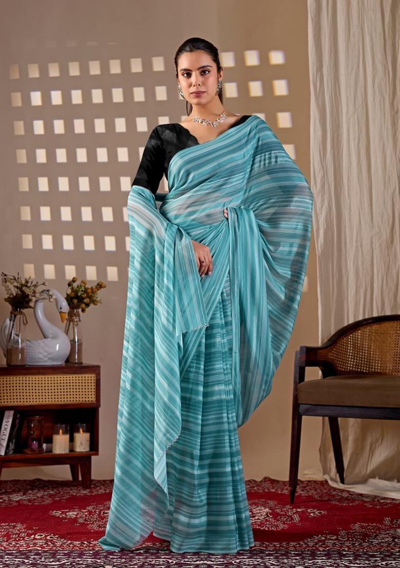 Sky Blue Silk Saree Set - Indya