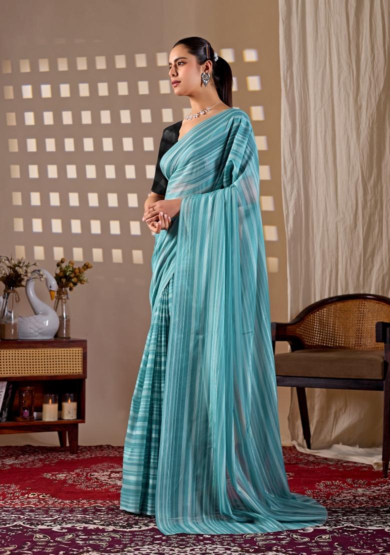 Sky Blue Silk Saree Set - Indya