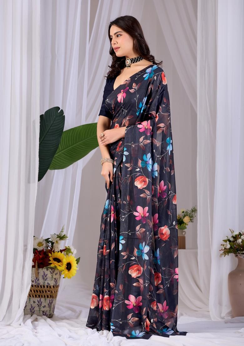 Black Silk Saree Set - Indya