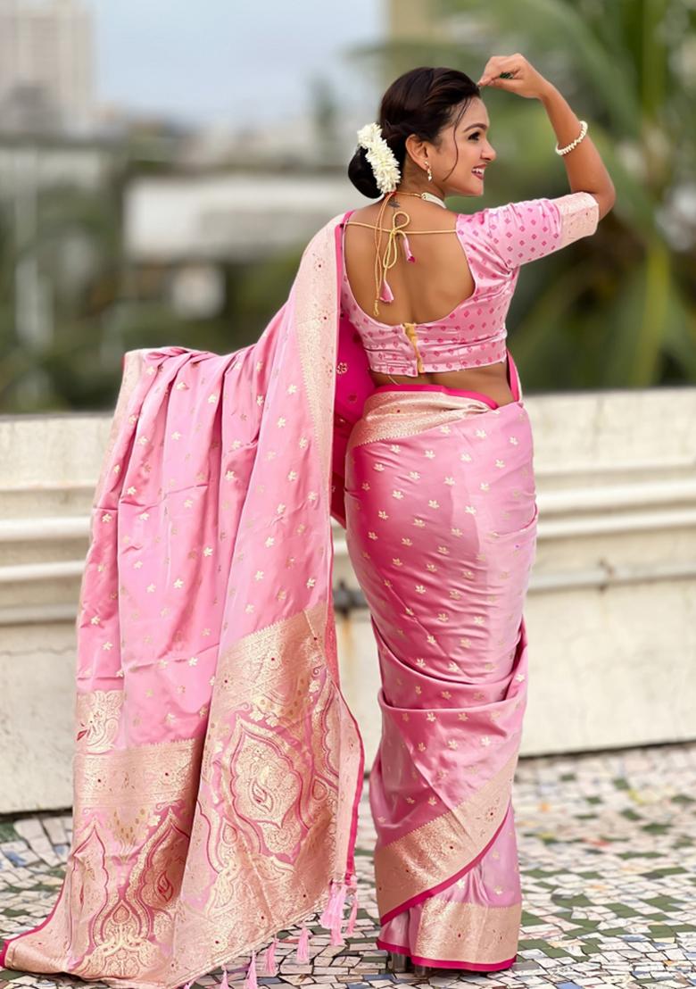 Pink Zari Work Silk Saree Set - Indya