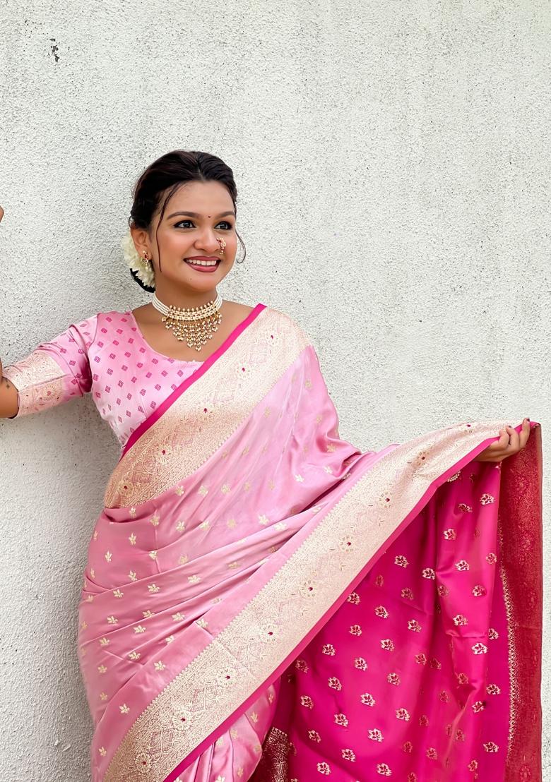 Pink Zari Work Silk Saree Set - Indya