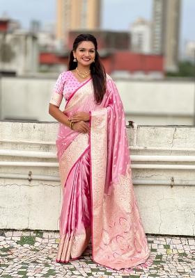 Pink Zari Work Silk Saree Set